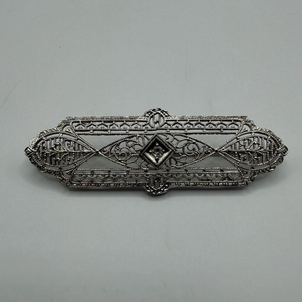 Vintage Art Deco 14K White Gold Filigree Bar Brooch Pin 1.9" Diamond